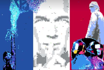 Au centre du drapeau de la France, une célèbre photo de Zinédine Zidane a été reproduite en pixels par la communauté francophone pendant l
