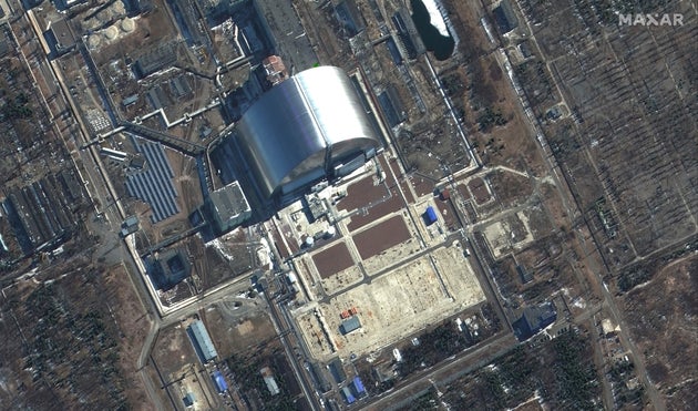 Photo satellite datée du 10 mars 2022 montrant la centrale de Tchernobyl, passée sous contrôle des Russes pendant près d
