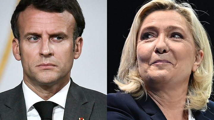 Side by side photo of Emmanuel Macron (L) and Marine Le Pen (R).
