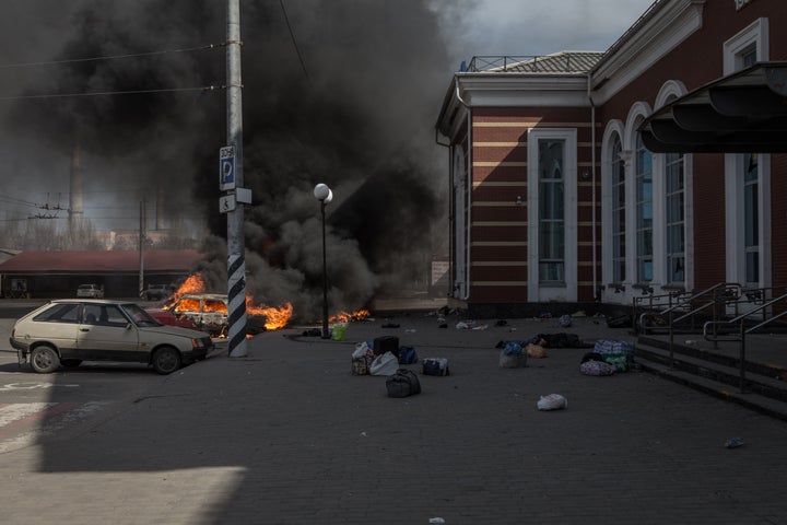 A view of the scene after a Russian attack on a railway station in eastern Ukraine on April 8, 2022.