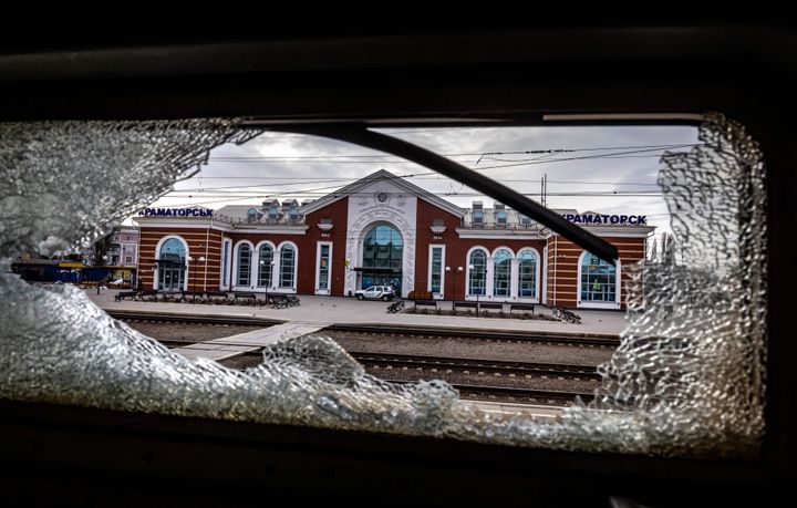 This photograph taken on April 8, 2022 shows the train station, seen from a train car, after a rocket attack in Kramatorsk, eastern Ukraine.