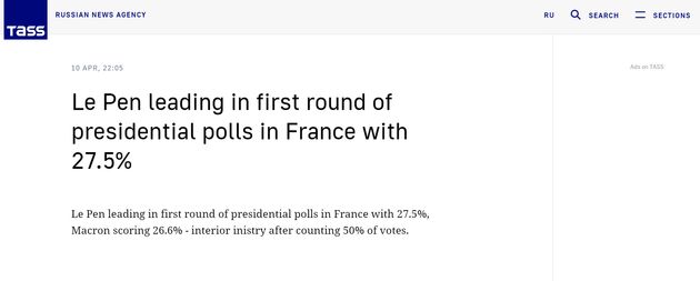 l'agence de presse russe Tass donnait Marine Le Pen en tête ce dimanche soir. et ce n'était pas une erreur, seulement l'interprétation de chiffres partiels.