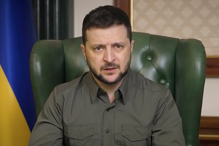 In this image from video provided by the Ukrainian Presidential Press Office, Ukrainian President Volodymyr Zelenskyy speaks from Kyiv, Ukraine.