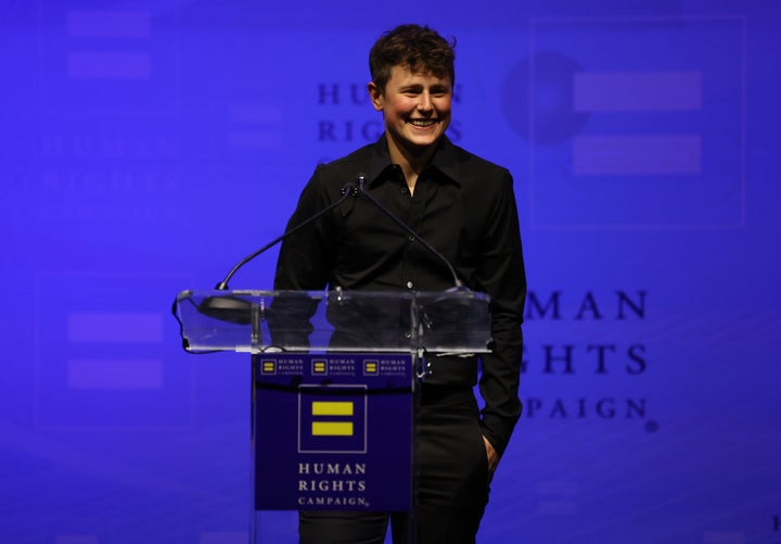 Charlee Corra Disney speaks at a Human Rights Campaign event in Los Angeles in March.