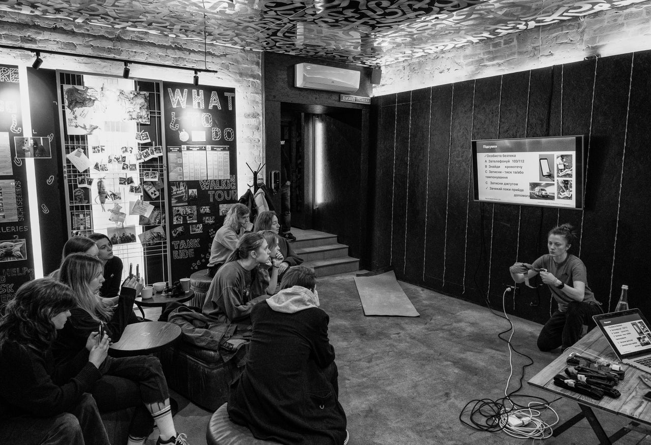 A coffee-shop-turned-shelter in Kyiv, Ukraine, where food is made, supplies are held and first aid classes are taught to those sheltering and open to civilians who want to learn.
