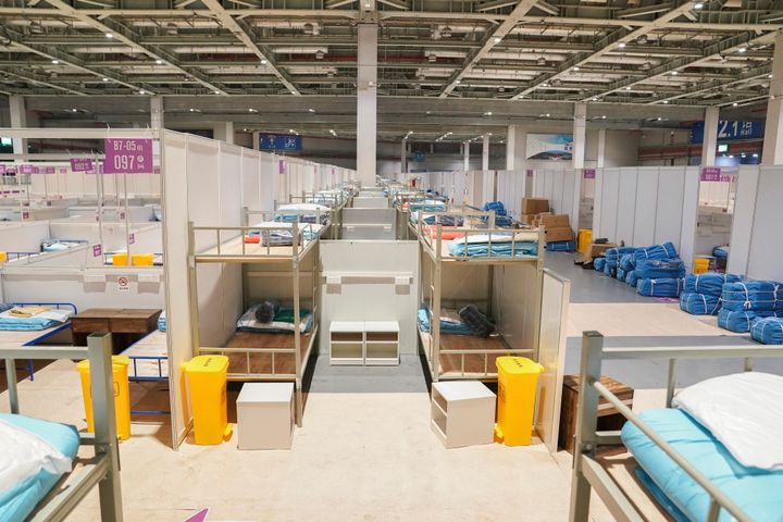 Bunk beds are seen at a makeshift hospital and quarantine facility at the National Exhibition and Convention Center in Shanghai, on April 11, 2022.