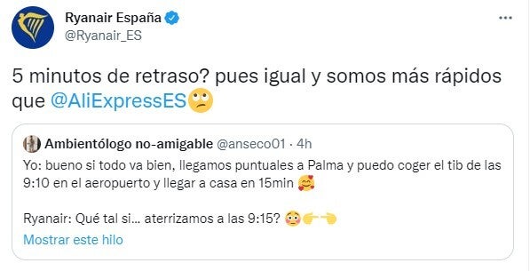 El primer tuit en este 'pique' entre Ryanair y AliExpress.
