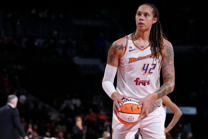 Brittney Griner of the Phoenix Mercury shoots a free throw during a game against the Las Vegas Aces, Oct. 8, 2021, at Footprint Center in Phoenix.