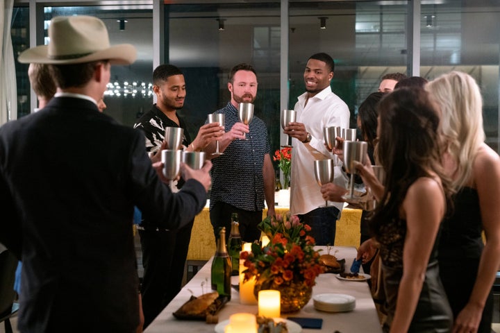 "The Ultimatum" couples from Season 1. Shown facing the camera, from left, are Randall Griffin, Hunter Parr and Isaiah Wilson.