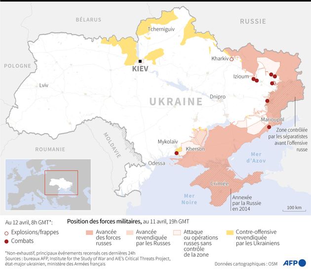 Carte de l'Ukraine au 12 avril. Marioupol, au sud-est, est une ville stratégique pour les Russes...