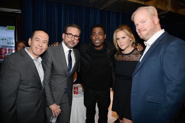 Gilbert Gottfried, left, with Chris Rock, center, along with Steve Carell, Amy Schumer and Jim Gaffigan, at a 2015 Comedy Central event in New York City.