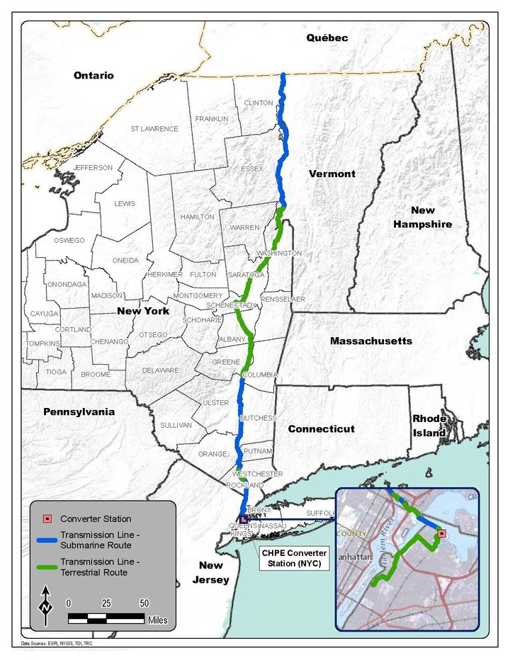 A map shows the proposed route of the Champlain Hudson Power Express line.