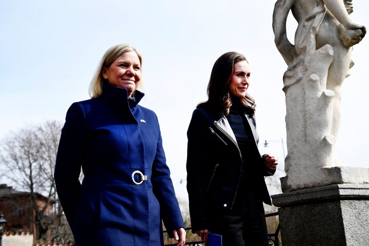 Swedish Prime Minister Magdalena Andersson, left, welcomes Finnish Prime Minister Sanna Marin prior to a meeting on whether to seek NATO membership in Stockholm, Sweden, on April 13.