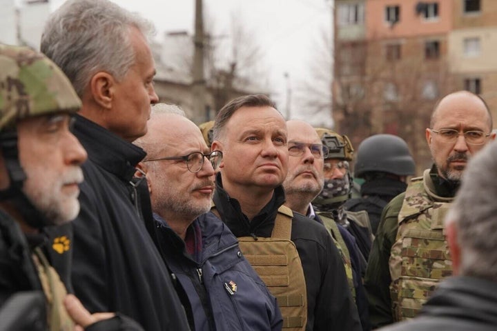 Polish President Andrzej Duda (C), Estonian President Alar Karis (2nd R), Lithuanian President Gitanas Nauseda (2nd L) and Latvian President Egils Levits (3rd L) visit Kyiv, Ukraine as Russian attacks continue on Ukraine on April 13, 2022.