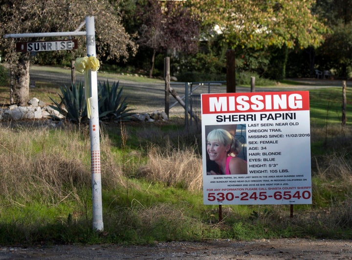 A "missing" sign for Redding, California, resident Sherri Papini is seen near where the mother of two was believed to have gone missing while jogging in 2016.