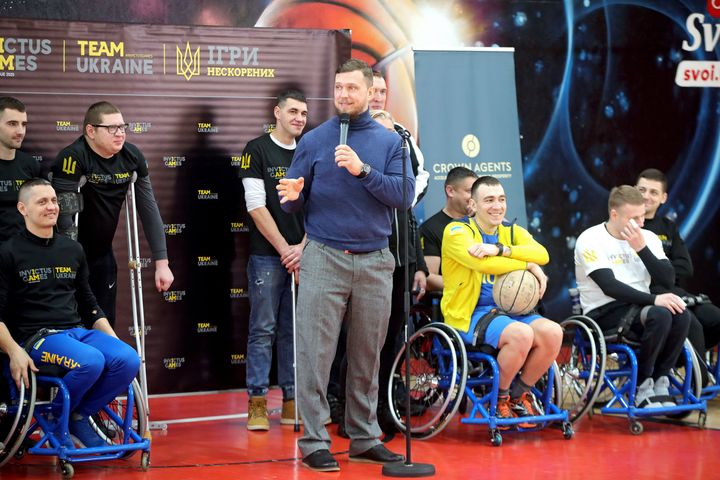 Serhii Koniushok, head coach of Invictus Games Team Ukraine, delivers a speech during an open training session in Kyiv on Feb. 9, 2021.