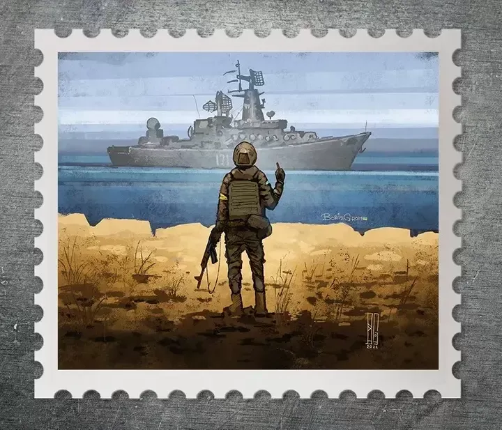 ウクライナの国境警備隊員が、ロシアの巡洋艦モスクワに中指を突き立てる姿を描いた切手のデザイン（ウクライナ郵便局のFacebookより）