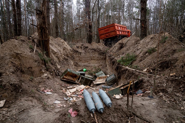 Ammunition lies near a school in Yahidne, near of Dnipro, Ukraine, on April 12, 2022. 