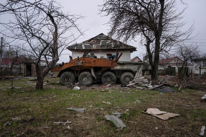 A Russian armored fighting vehicle destroyed during the war with Ukraine is seen at the residential area in Yahidne, near of Dnipro, Ukraine, on April 12, 2022. 