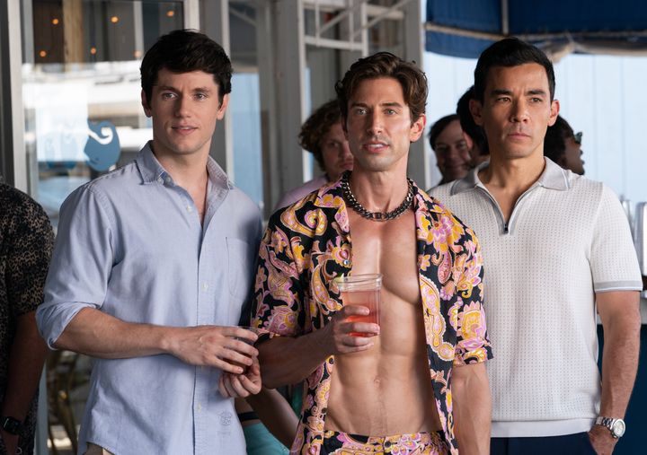 Ricamora (right, with co-stars James Scully and Nick Adams) returns to television this June in Hulu's “Fire Island,” which has been billed as an LGBTQ-inclusive take on “Pride and Prejudice.”