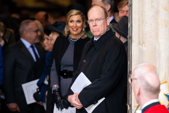 Prince Albert of Monaco and Queen Maxima of the Netherlands are seen at the memorial service for the late Prince Philip at Westminster Abbey on March 29 in London.