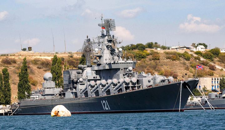The Russian missile cruiser Moskva, the flagship of Russia's Black Sea Fleet is seen anchored in the Black Sea port of Sevastopol.