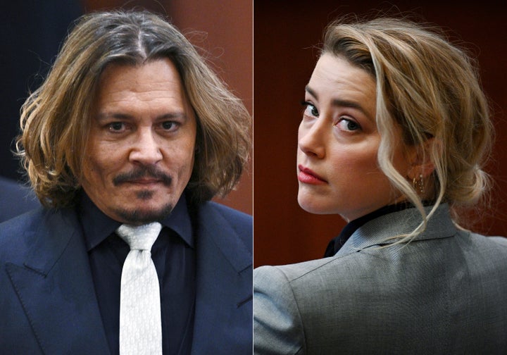 This combination of photos shows actors Johnny Depp, left, and Amber Heard inside the courtroom for Depp’s libel suit against Heard at the Fairfax County Circuit Court on April 12 in Fairfax, Virginia. Depp has accused Heard of indirectly defaming him in a 2018 opinion piece that she wrote for The Washington Post.