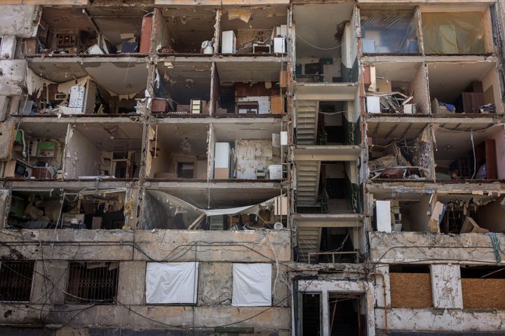 View of a heavily damaged apartment block, amid Russia's attack on Ukraine, in Kharkiv, Ukraine, April 15, 2022. REUTERS/Alkis Konstantinidis