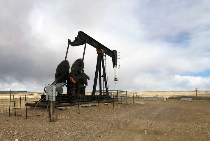 This Feb. 26, 2021, file photo shows an oil well east of Casper, Wyoming.