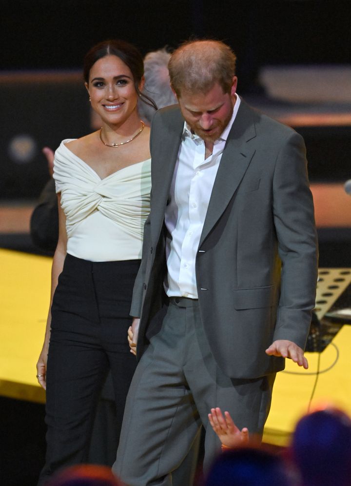The Duke and Duchess of Sussex arrive for the Invictus Games opening ceremony at Zuiderpark on April 16.