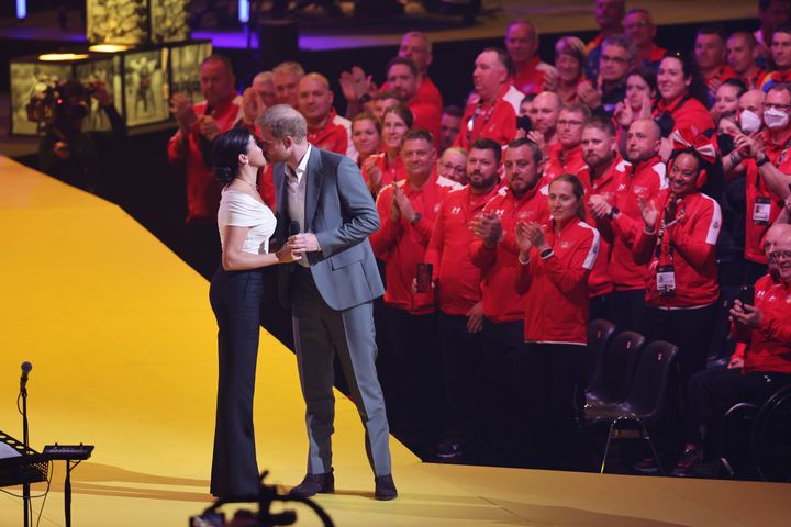 The Duke and Duchess of Sussexon stage during the Invictus Games The Hague 2020 opening ceremony. 