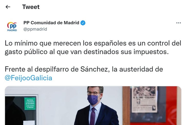 El tuit del PP de la Comunidad de Madrid.