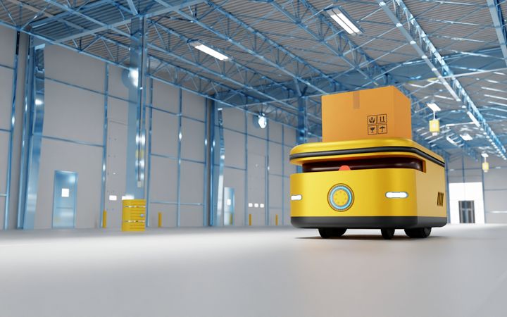 Αυτόνομο ρομποτικό όχημα μεταφοράς σε αποθήκη υλικών. 3D illustration