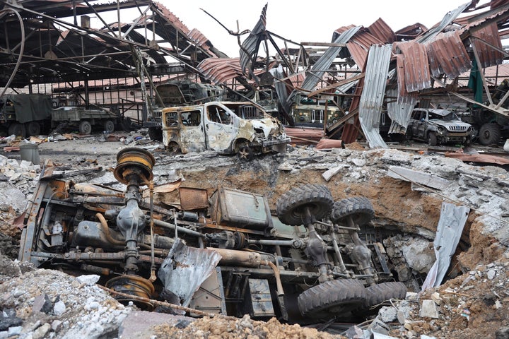 A view of destroyed during a heavy fighting part of the Illich Iron & Steel Works Metallurgical Plant, the second largest metallurgical enterprise in Ukraine, in an area controlled by Russian-backed separatist forces in Mariupol, Ukraine, Saturday, April 16, 2022. Mariupol, a strategic port on the Sea of Azov, has been besieged by Russian troops and forces from self-proclaimed separatist areas in eastern Ukraine for more than six weeks.