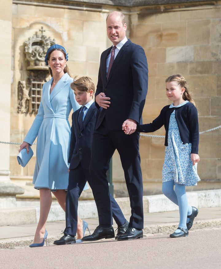 The Duchess of Sussex and Princess Charlotte sported coordinating outfits as they attend the traditional Easter Sunday Church service at St George's Chapel in the grounds of Windsor Castle on April 17.