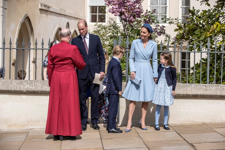 The royals say goodbye to the Dean of Windsor as they leave the Easter Matins Service.