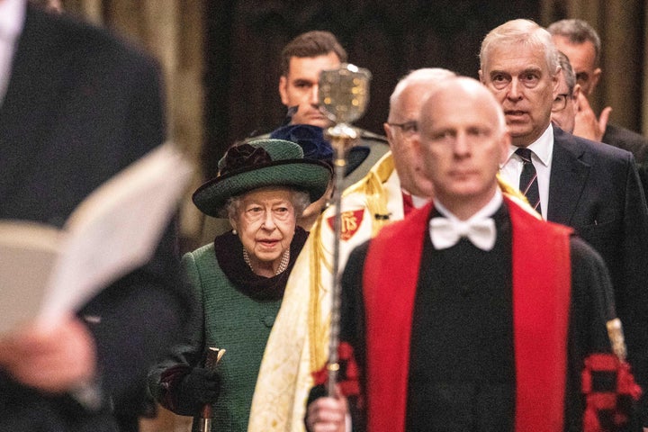Queen Elizabeth was escorted by the disgraced Prince Andrew at the service of thanksgiving for the late Prince Philip on March 29.