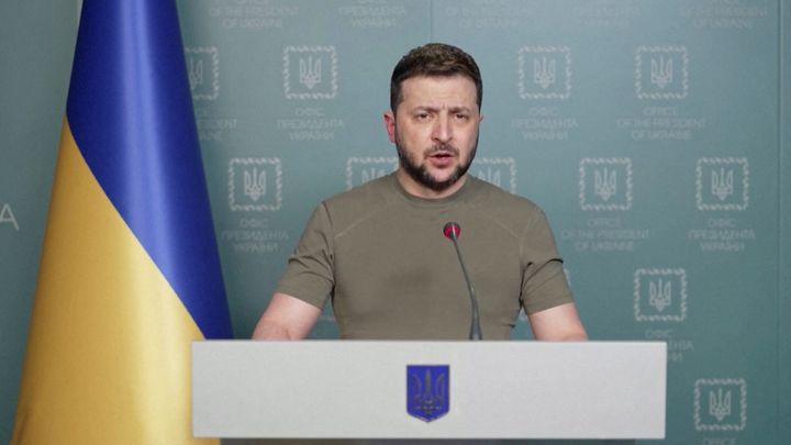 Ukrainian President Volodymr Zelenskiy speaks during his nightly address, saying that the "Battle of Donbas" has begun, in Kyiv, Ukraine, April 18, 2022. Ukrainian Presidential Press Service/via Reuters TV/Handout via REUTERS ATTENTION EDITORS - THIS IMAGE HAS BEEN SUPPLIED BY A THIRD PARTY.
