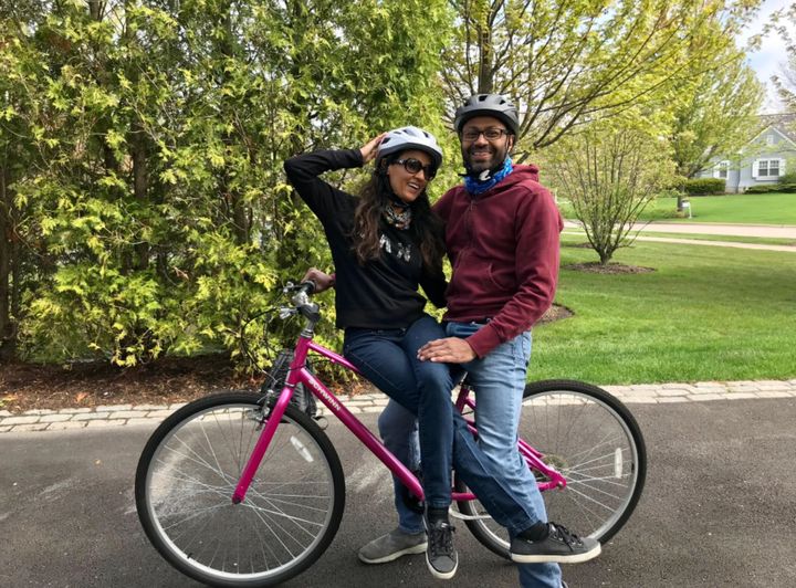 The author and Rupesh on a pandemic bike ride in 2020.