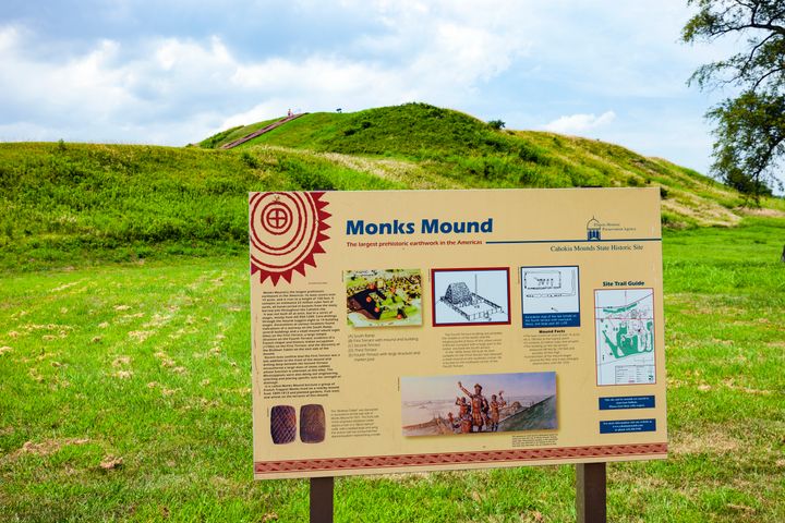 Monks Mound, part of Cahokia Mounds State Historic Site in Collinsville, Illinois, is the largest man-made earthen mound in North America.