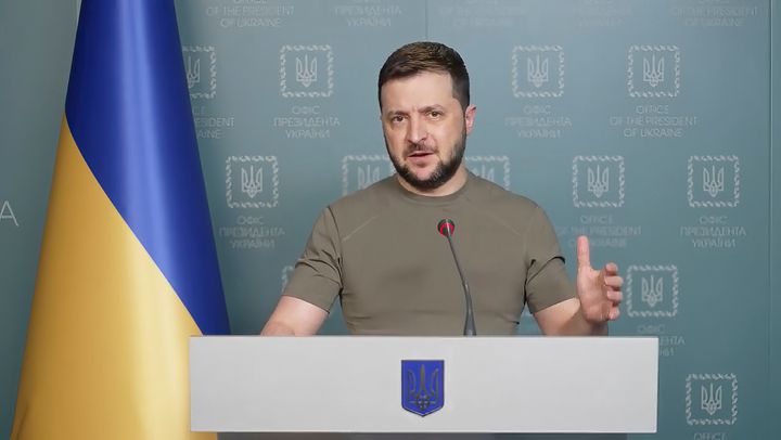 Ukrainian President Volodymyr Zelenskyy speaks from Kyiv, Ukraine, on April 18, 2022.
