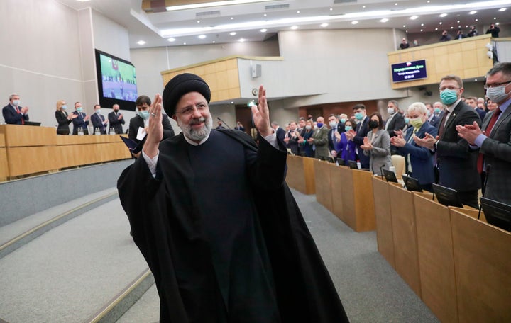 Iranian President Ebrahim Raisi gestures after delivering his speech at the State Duma, the Lower House of the Russian Parliament in Moscow, Russia, on Jan. 20, 2022.