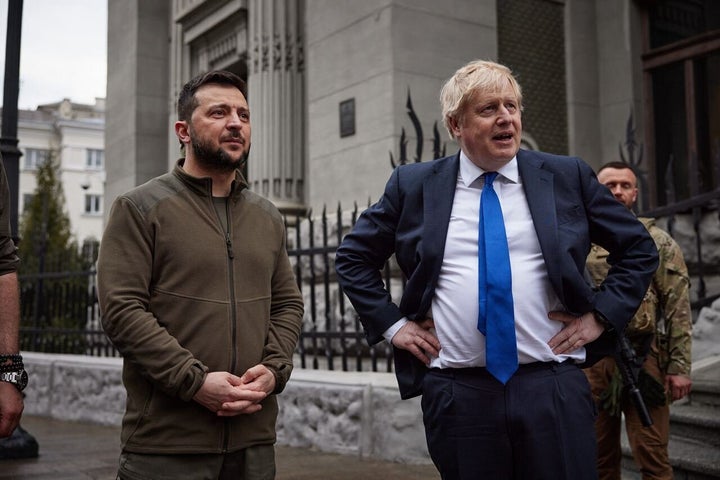 British Prime Minister Boris Johnson meets Ukrainian President Volodymyr Zelenskyy in Kyiv, Ukraine on April 09, 2022. 