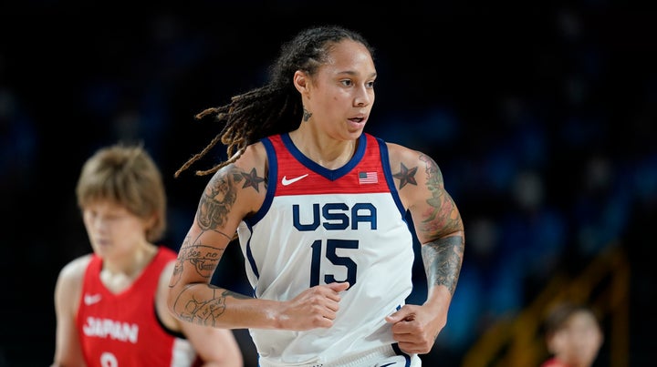 United States' Brittney Griner (15) runs up court during the women's basketball gold medal game between Japan and the United States at the 2020 Summer Olympics, on Aug. 8, 2021, in Saitama, Japan.