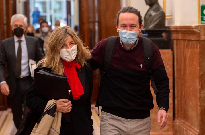 Yolanda Díaz y Pablo Iglesias en el Congreso.
