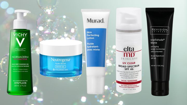 Products recommended by Dr. Stacy Chimento for morning use for combination/acne-prone skin.