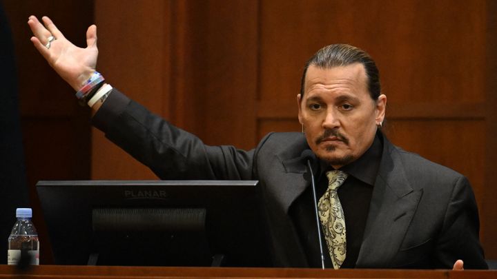 Johnny Depp testifies during his defamation trial in the Fairfax County Circuit courthouse in Fairfax, Virginia, April 19.