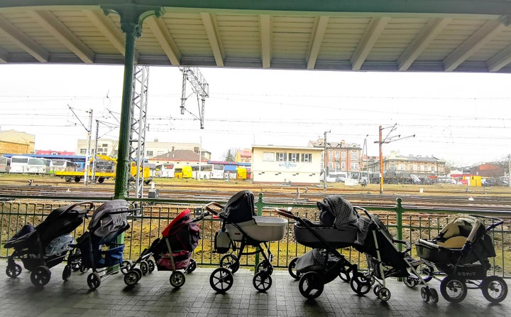 Wheelchairs for refugees and their children fleeing the fighting from neighboring Ukraine remain at the Polish railway station in Przemysl.
