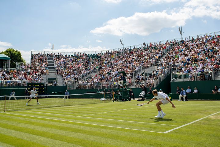 Medvedev is seen competing against Alexei Popyrin of Australia during the Wimbledon Lawn Tennis Championships in London in 2019.