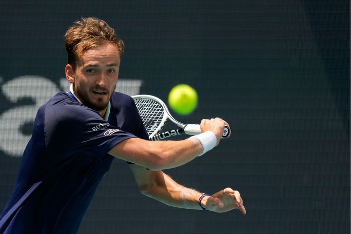 Russia's Daniil Medvedev returns a ball in his men's quarterfinal match at the Miami Open tennis tournament on March 31.